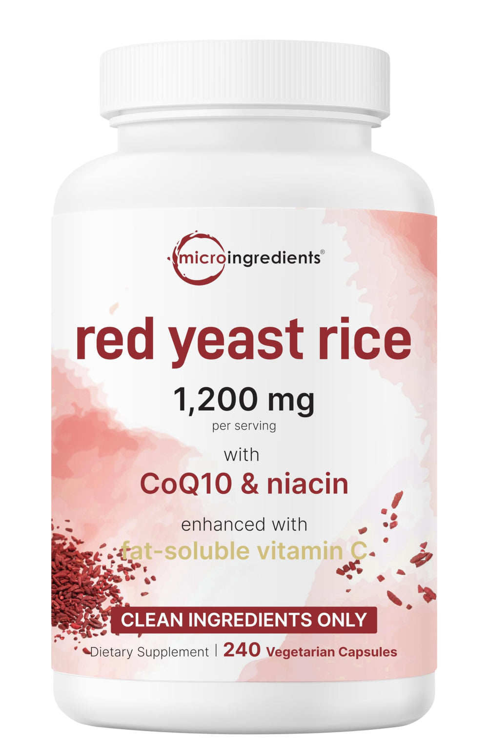 Micro Ingredients red yeast rice capsules show a 1200mg serving with CoQ10 for heart support