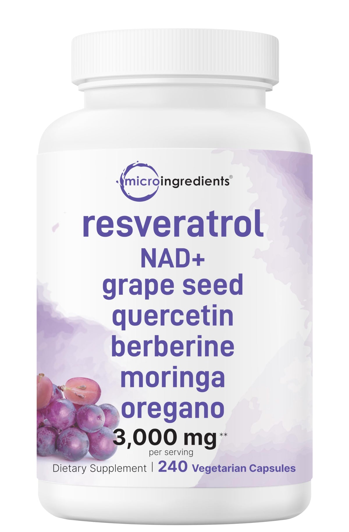Micro Ingredients Resveratrol NAD Complex bottle with vegan capsules for daily antioxidant support.