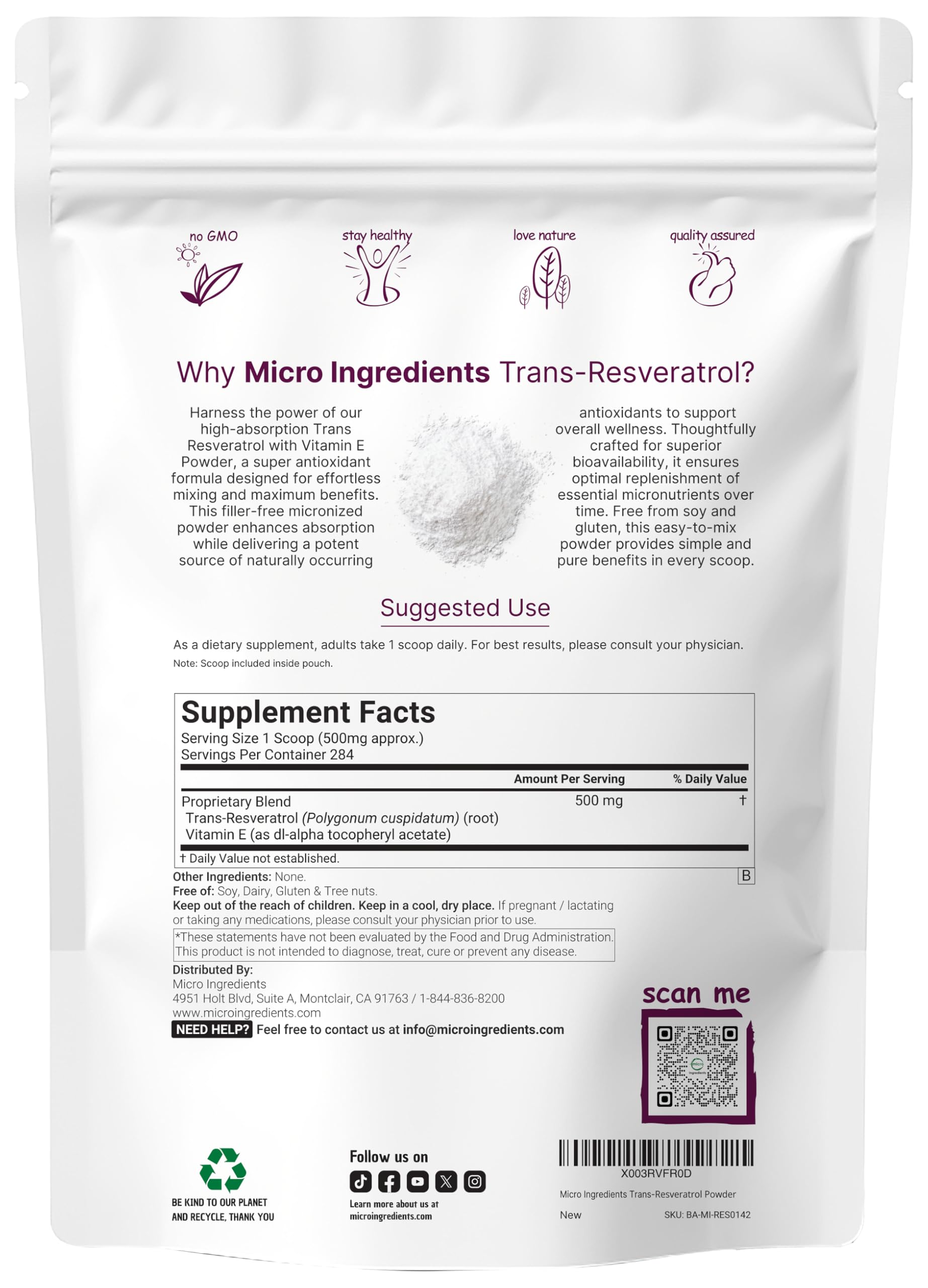 Micro Ingredients resveratrol powder with scoop enables precise daily servings.