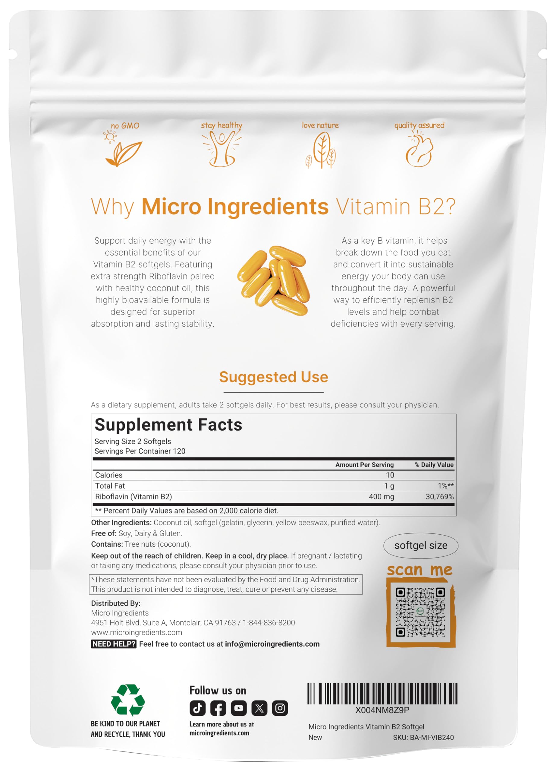 Micro Ingredients riboflavin 400mg softgels, 240-count, convenient daily energy support.