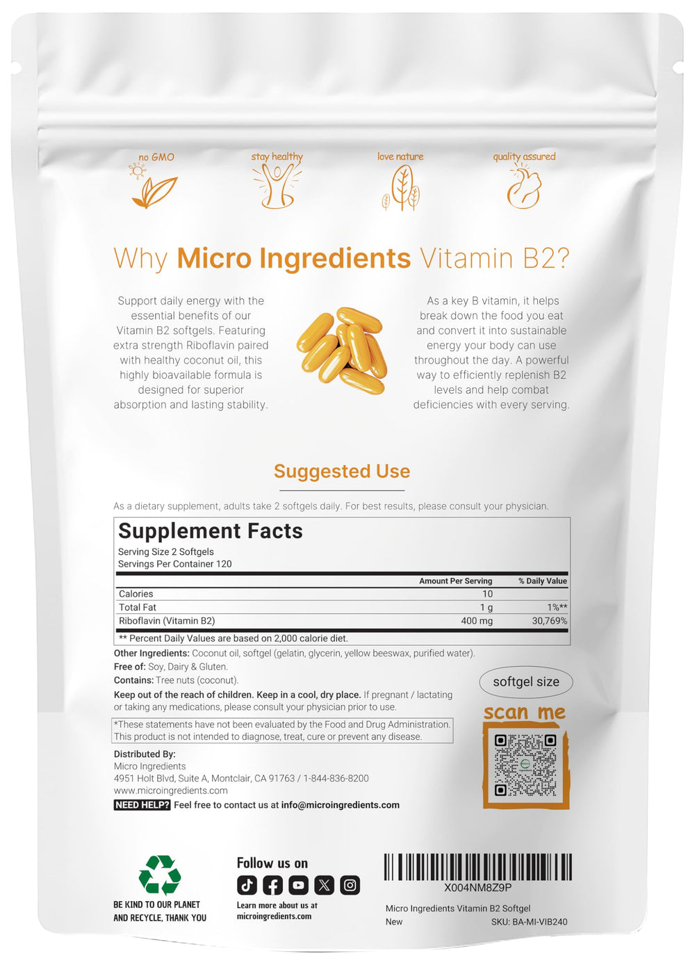 Micro Ingredients riboflavin 400mg softgels, 240-count, convenient daily energy support.