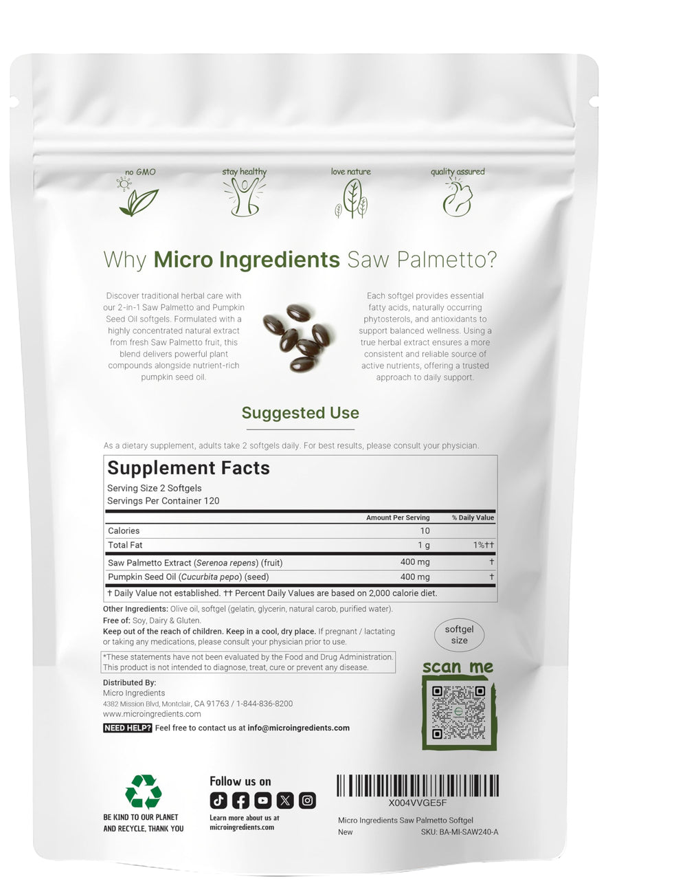 Product label on Micro Ingredients softgels bottle-back highlighting ingredients and potency.