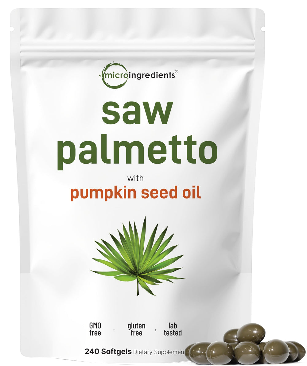 Micro Ingredients Saw Palmetto and Pumpkin Seed Oil softgels bottle-front for daily wellness support.