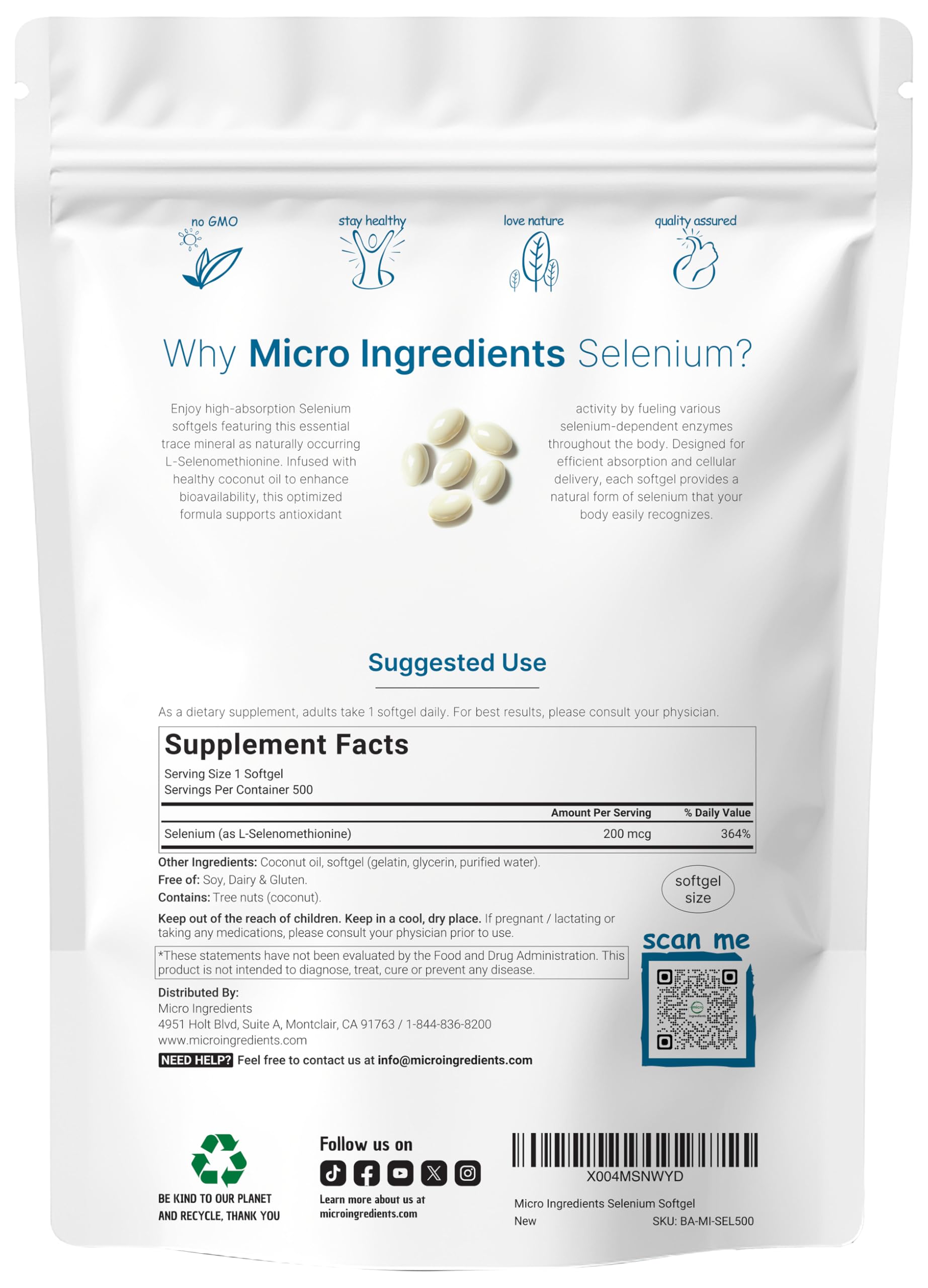 Micro Ingredients label shows 200 mcg L-Selenomethionine per softgel