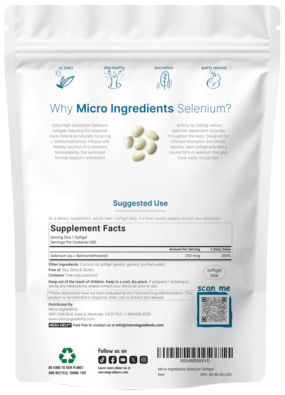 Micro Ingredients label shows 200 mcg L-Selenomethionine per softgel