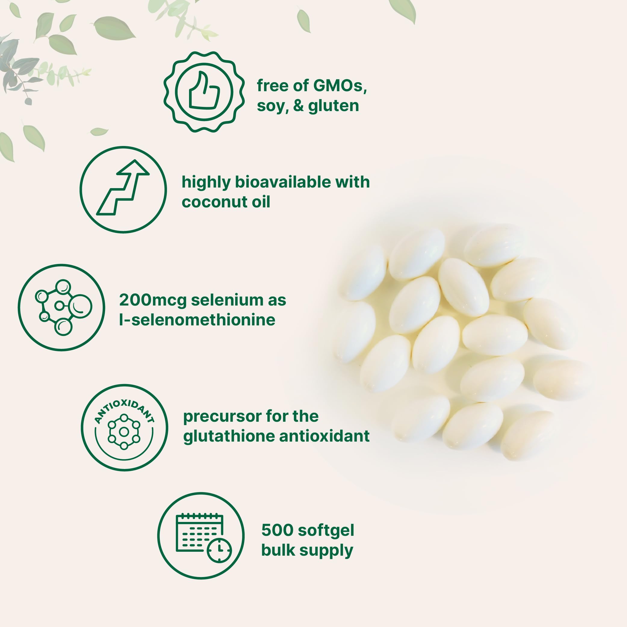 Close-up of Micro Ingredients coconut oil-infused selenium softgels for better absorption
