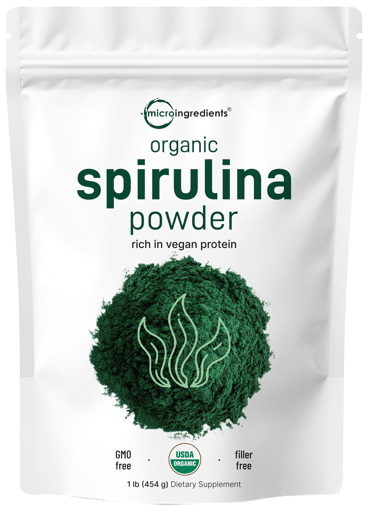 Micro Ingredients spirulina powder bottle 1lb for convenient vegan protein boosts.