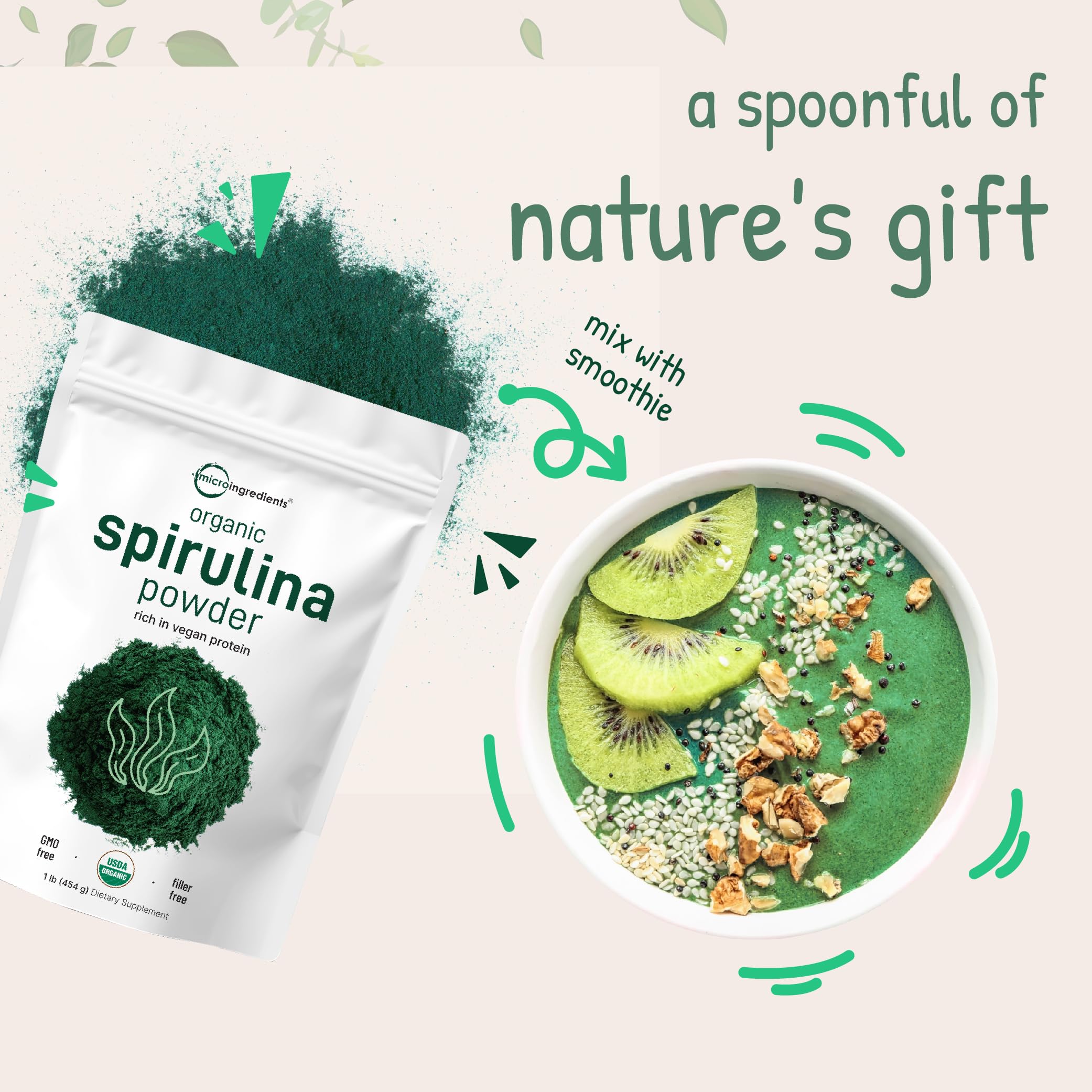 Micro Ingredients spirulina powder in bowl conveys versatile mixing for meals.