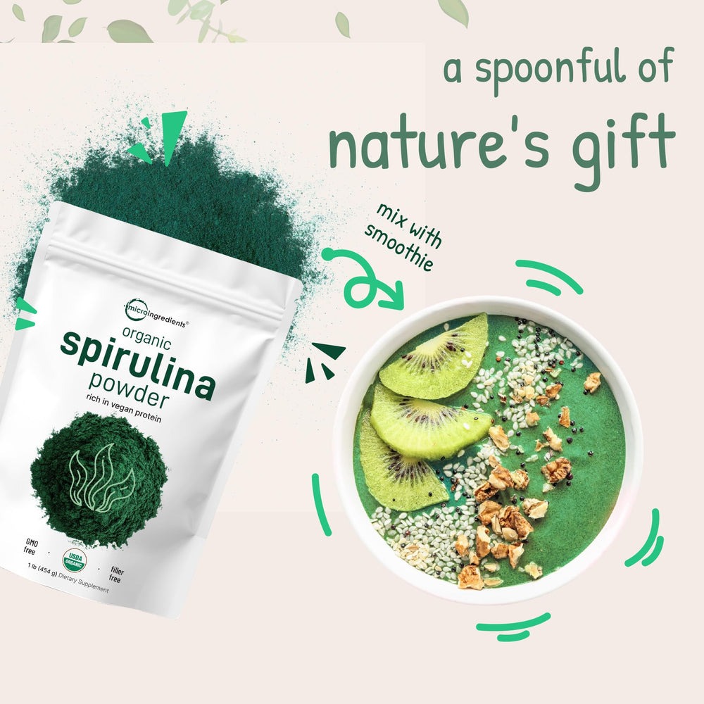 Micro Ingredients spirulina powder in bowl conveys versatile mixing for meals.