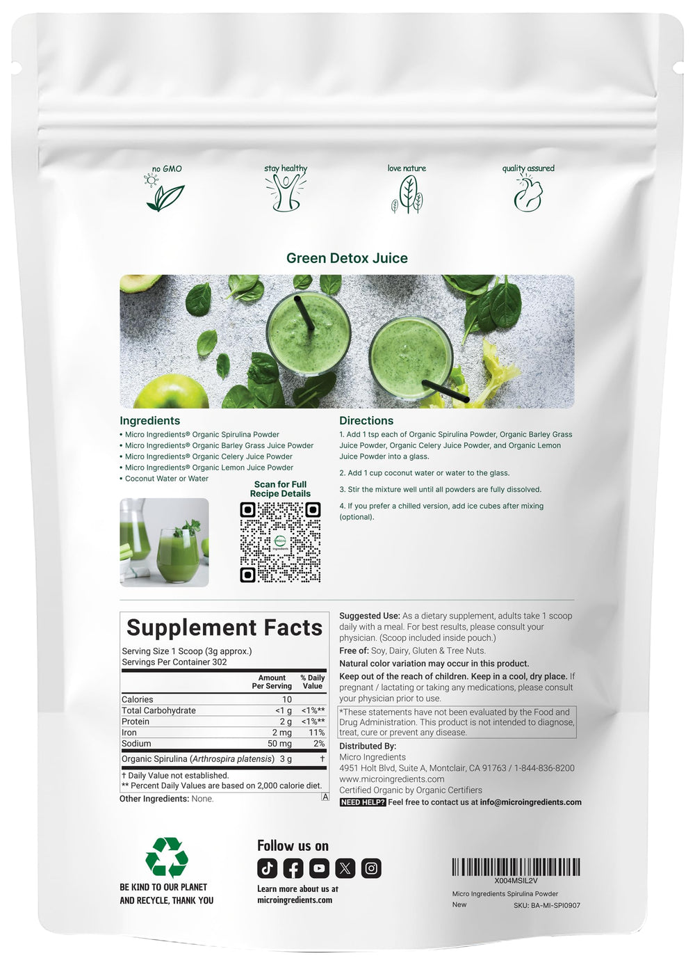 Micro Ingredients spirulina scoop beside bag for convenient daily greens boost