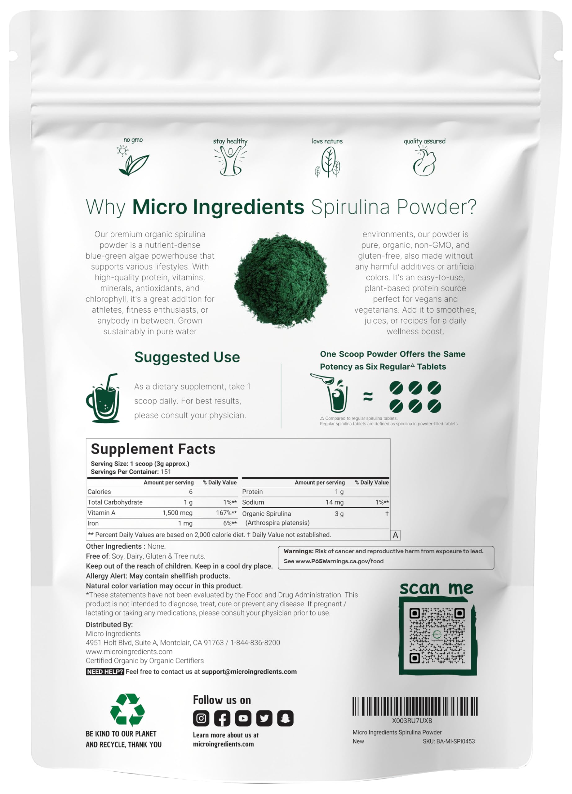 Micro Ingredients spirulina powder scoop highlights easy portioning for daily smoothies.