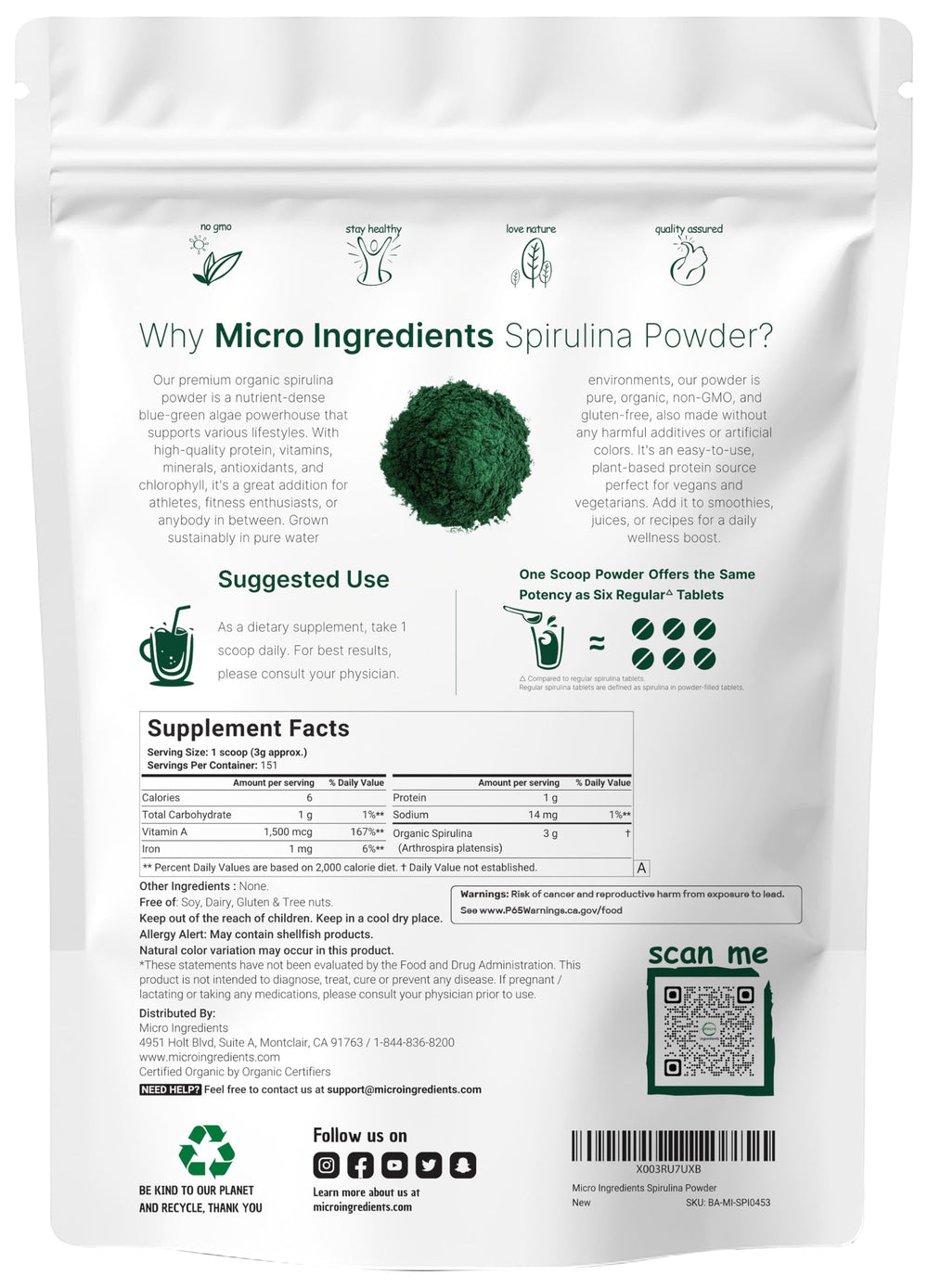 Micro Ingredients spirulina powder scoop highlights easy portioning for daily smoothies.