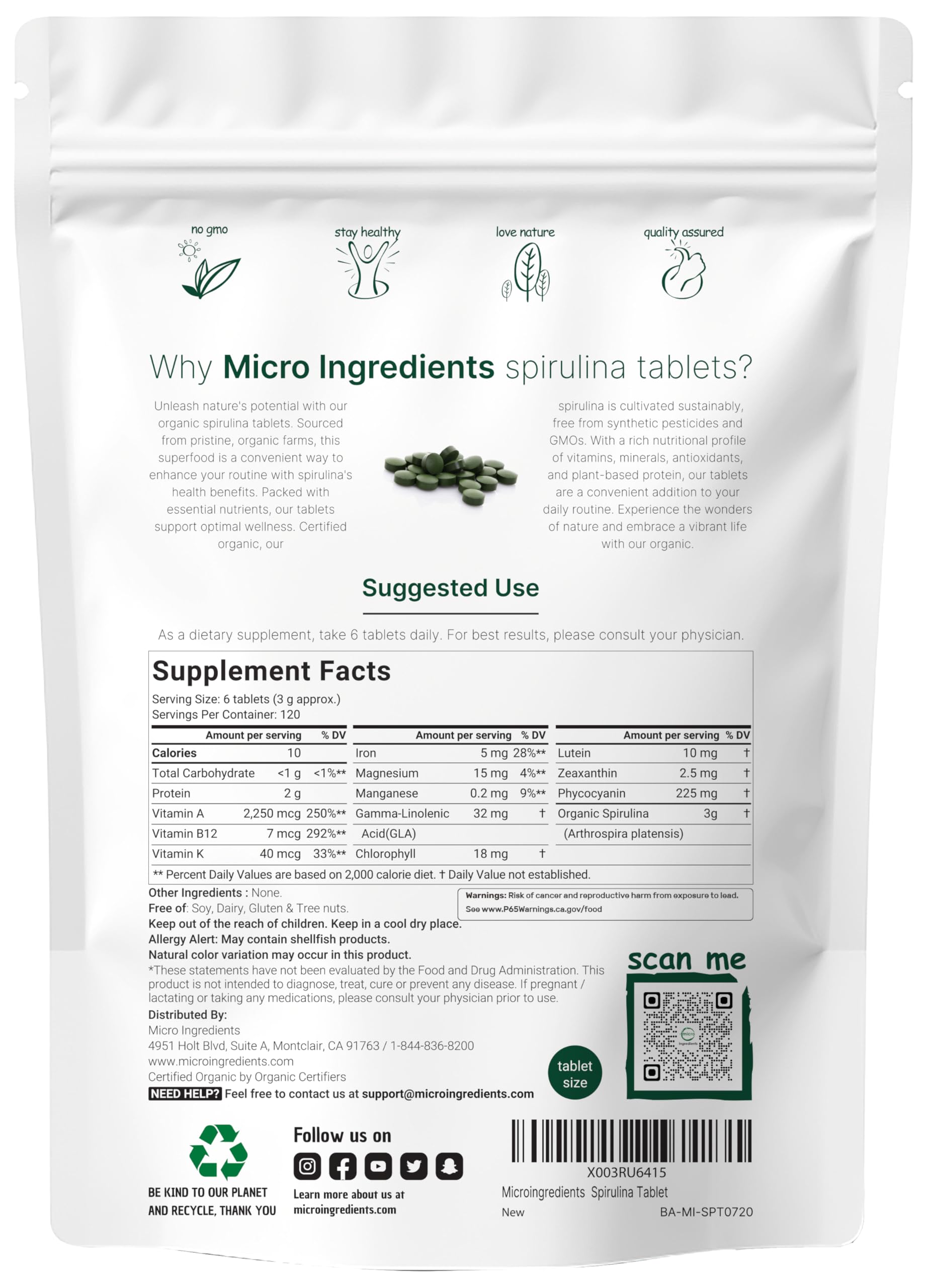 Micro Ingredients spirulina tablet being poured from bottle for daily use