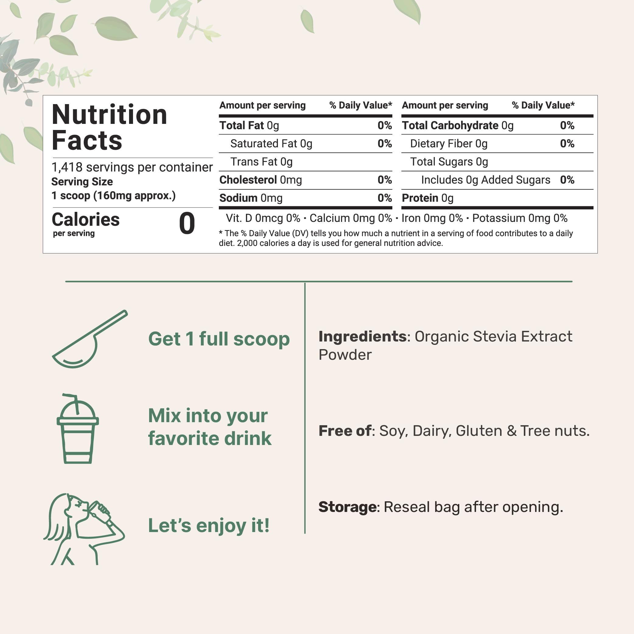 Micro Ingredients Stevia Green Leaf Reb-A powder highlighting organic origin and purity