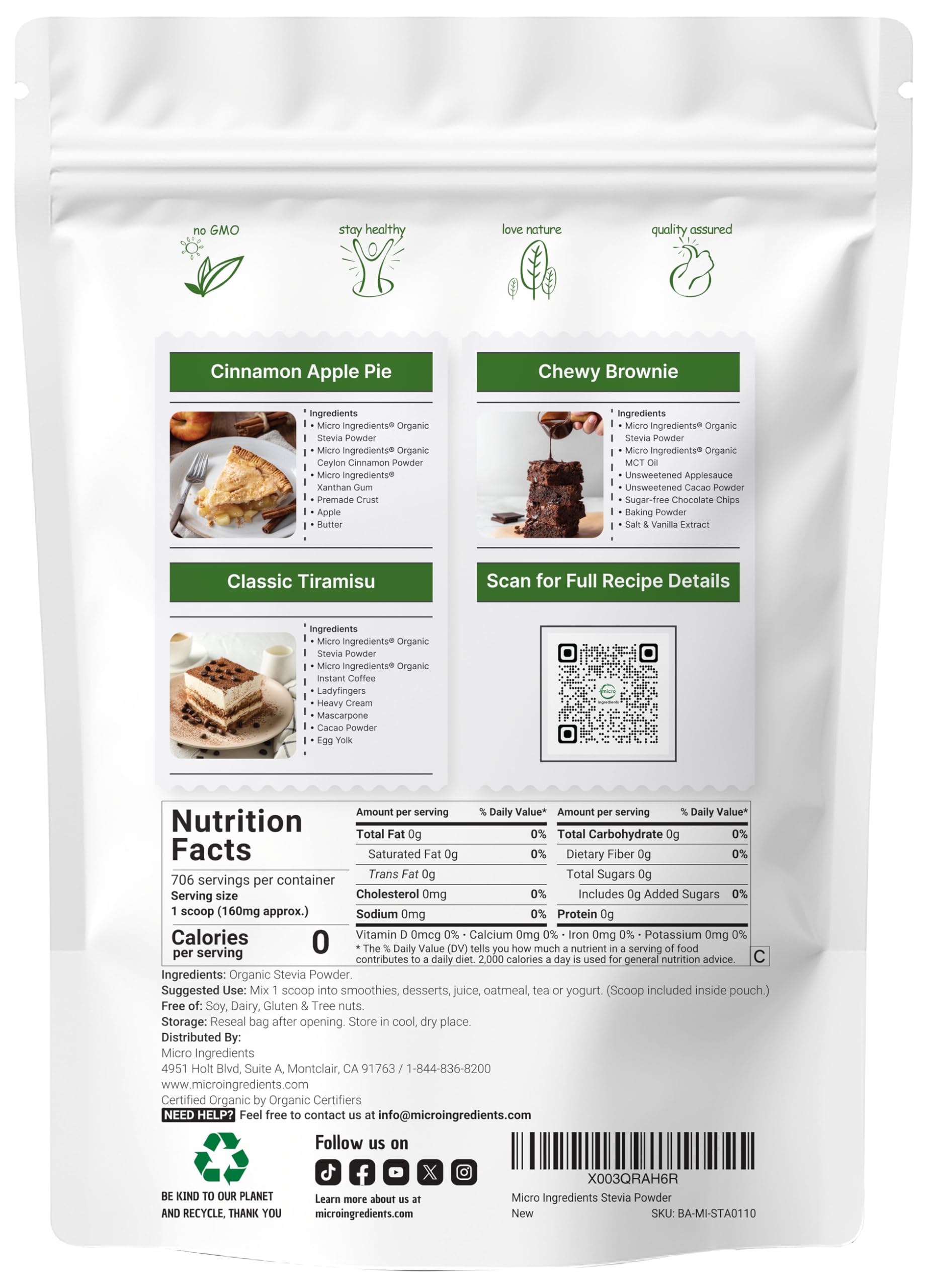 Micro Ingredients stevia green leaf Reb-A tub—high grade extract for baking and beverages.
