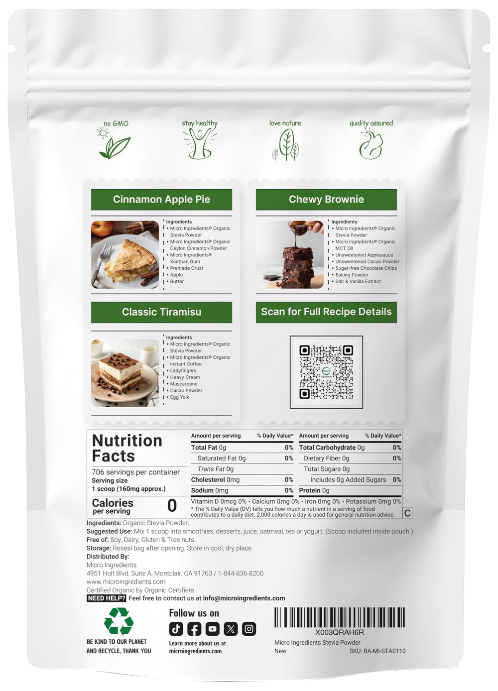 Micro Ingredients stevia green leaf Reb-A tub—high grade extract for baking and beverages.