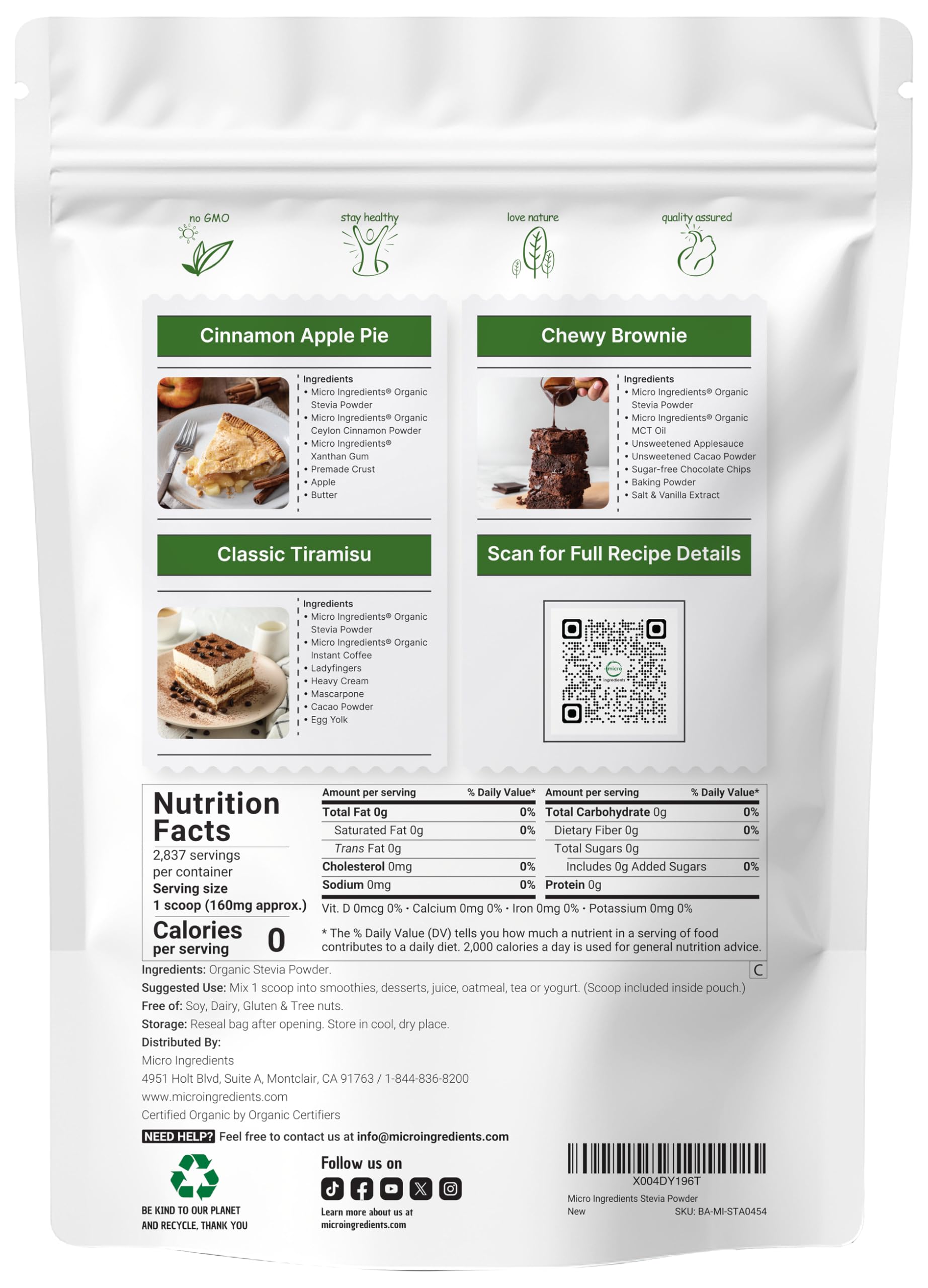 Micro Ingredients Stevia Powder 1-pound jar ideal for bulk baking and beverages