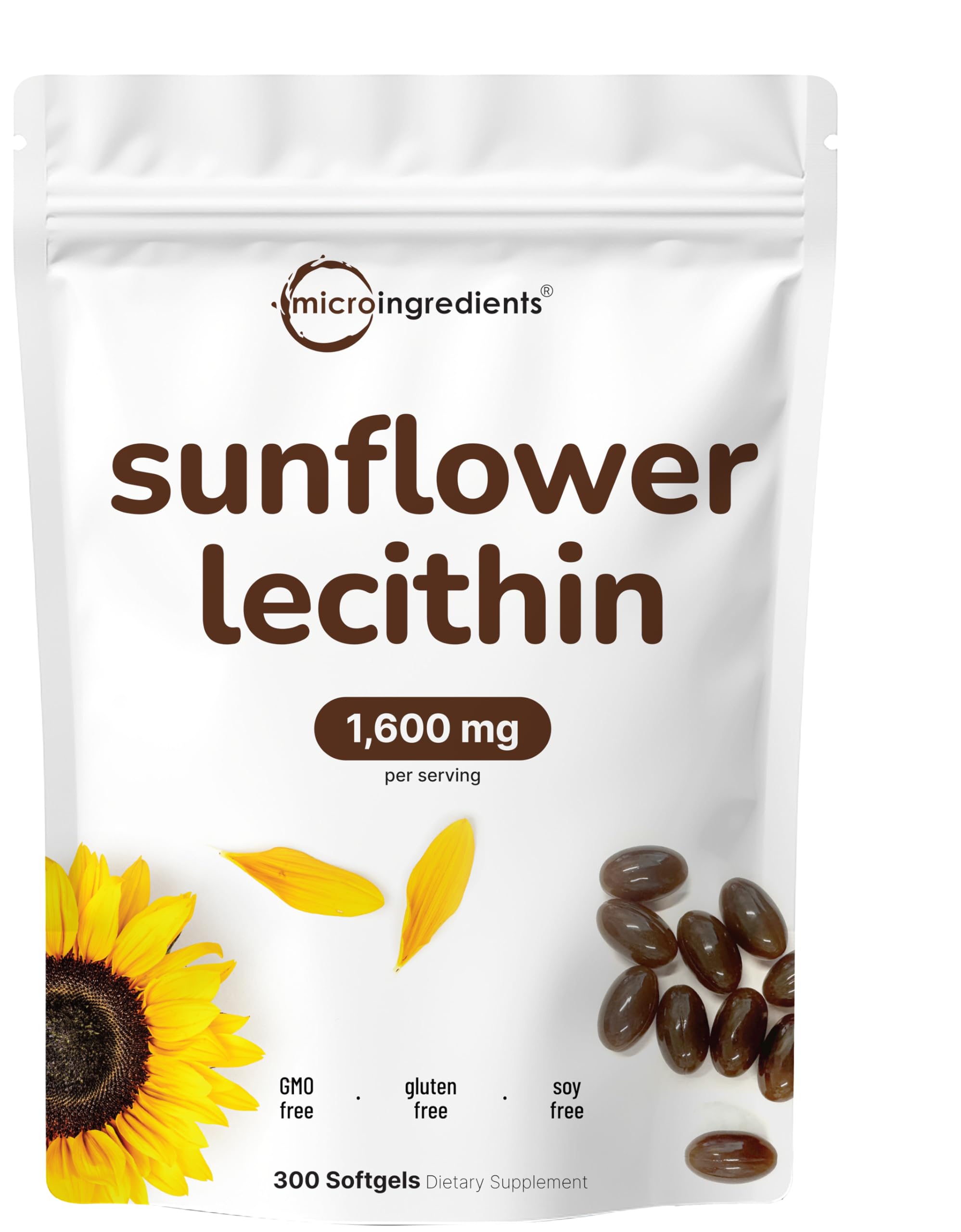 Micro Ingredients sunflower lecithin bottle highlights soy-free, non-GMO formula.