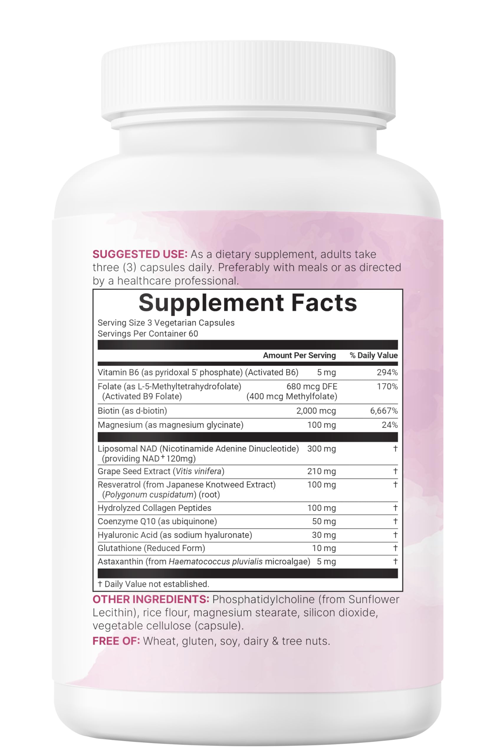 Sunflower lecithin liposomal capsule delivers NAD+ in a plant-based base.