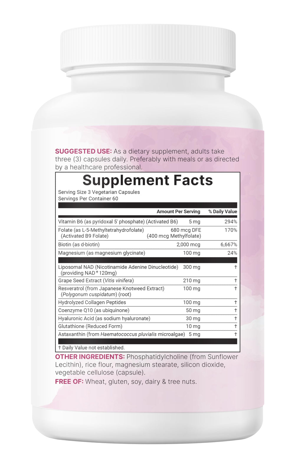 Sunflower lecithin liposomal capsule delivers NAD+ in a plant-based base.