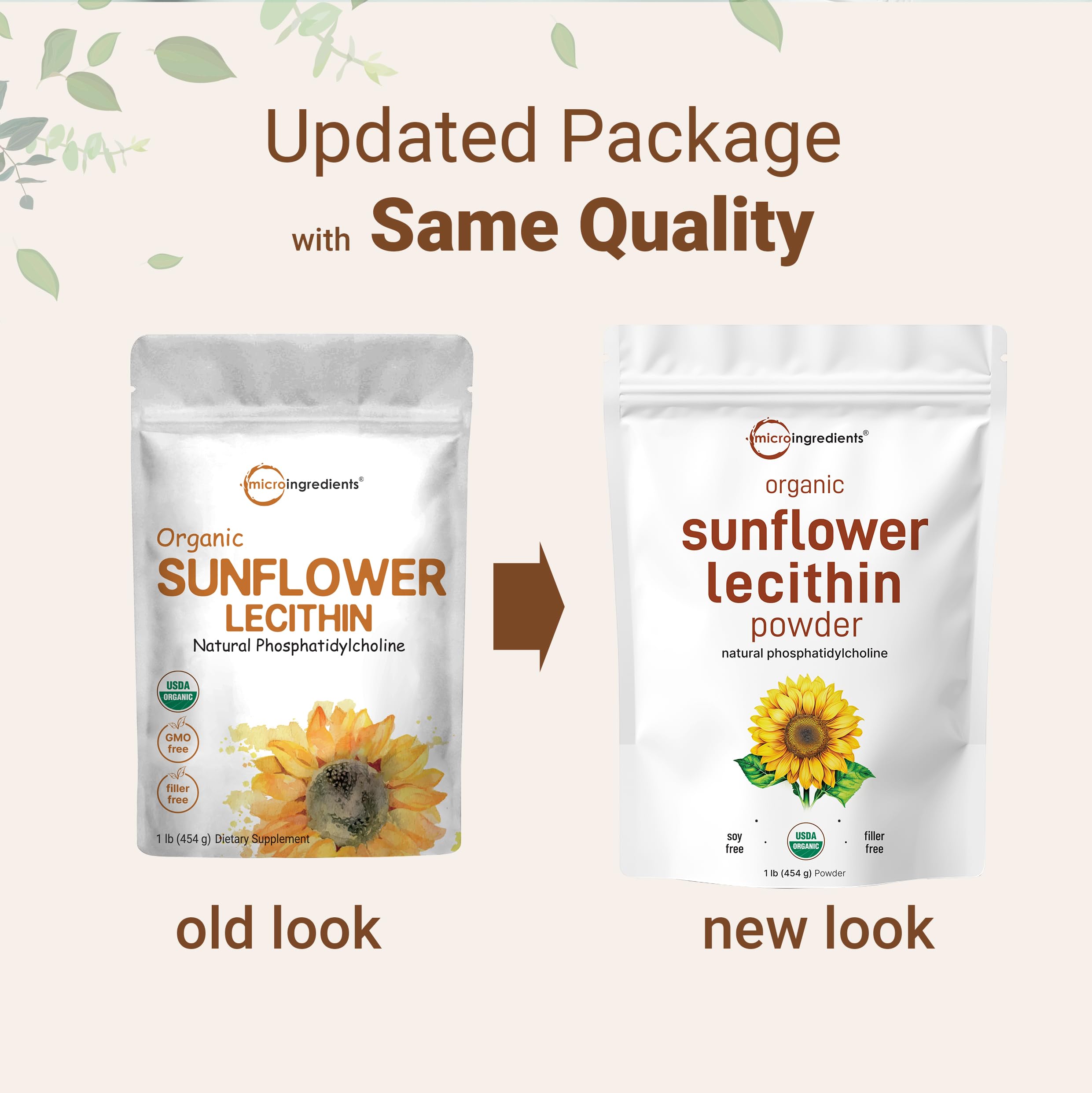 Cold-pressed sunflower lecithin powder packaging showing smooth texture