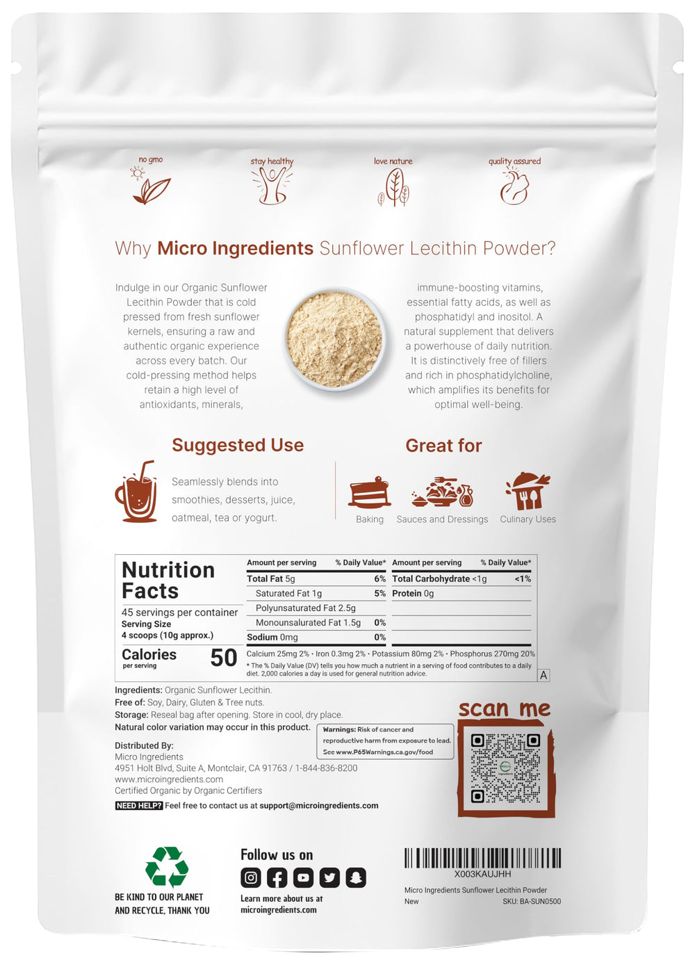 Micro Ingredients lecithin powder with scoop for precise daily portions