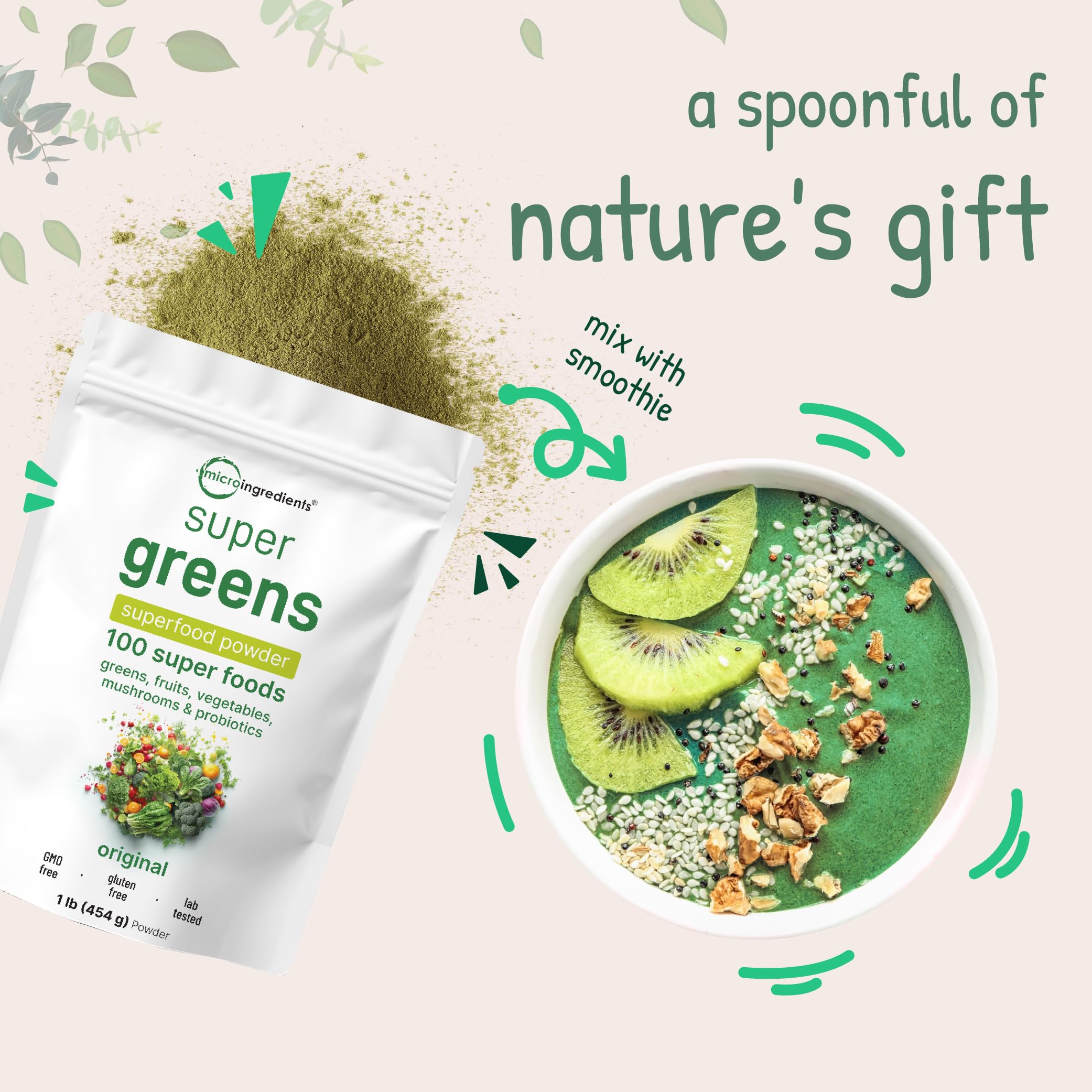 Micro Ingredients Super Greens bottle label highlights gluten-free and non-GMO features.