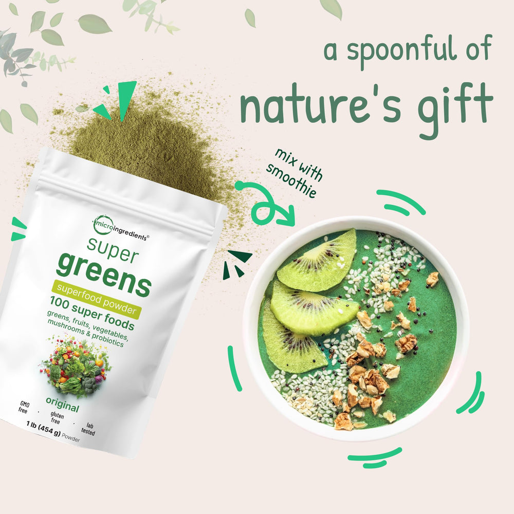 Micro Ingredients Super Greens bottle label highlights gluten-free and non-GMO features.