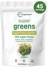 Micro Ingredients Super Greens Powder tub displaying a complete daily nutrition blend.