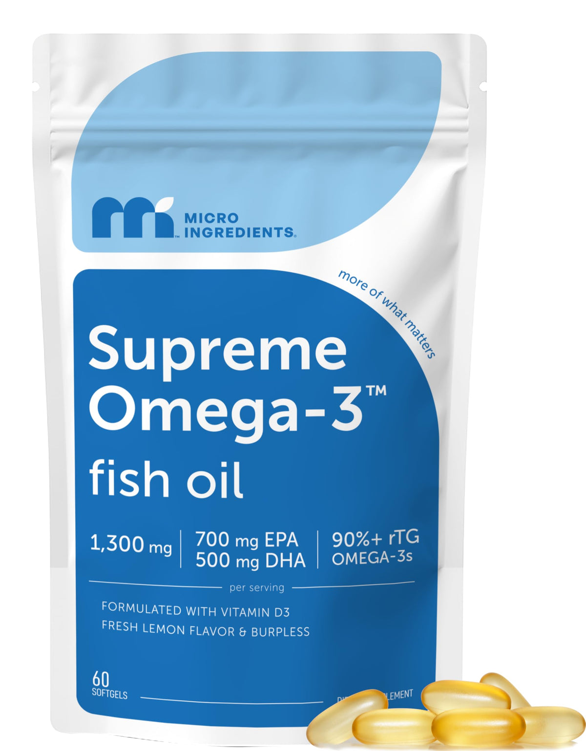 Micro Ingredients Supreme Omega-3 bottle front view with lemon flavor for burpless intake.
