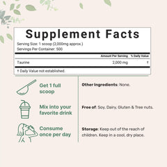Taurine powder scoop shows precise 2000 mg serving for workouts.