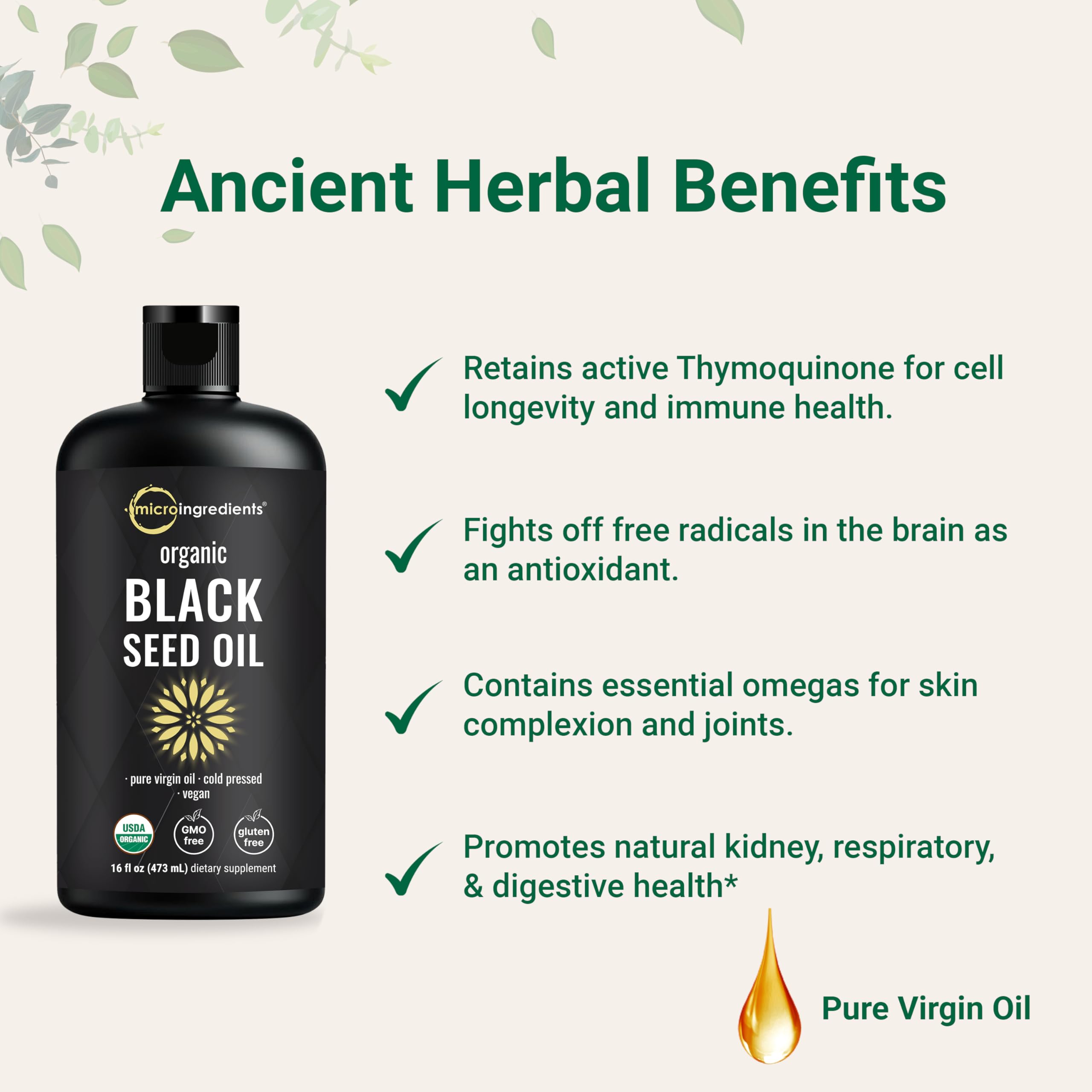 Label panel highlights thymoquinone and omega fatty acids for potential benefits.