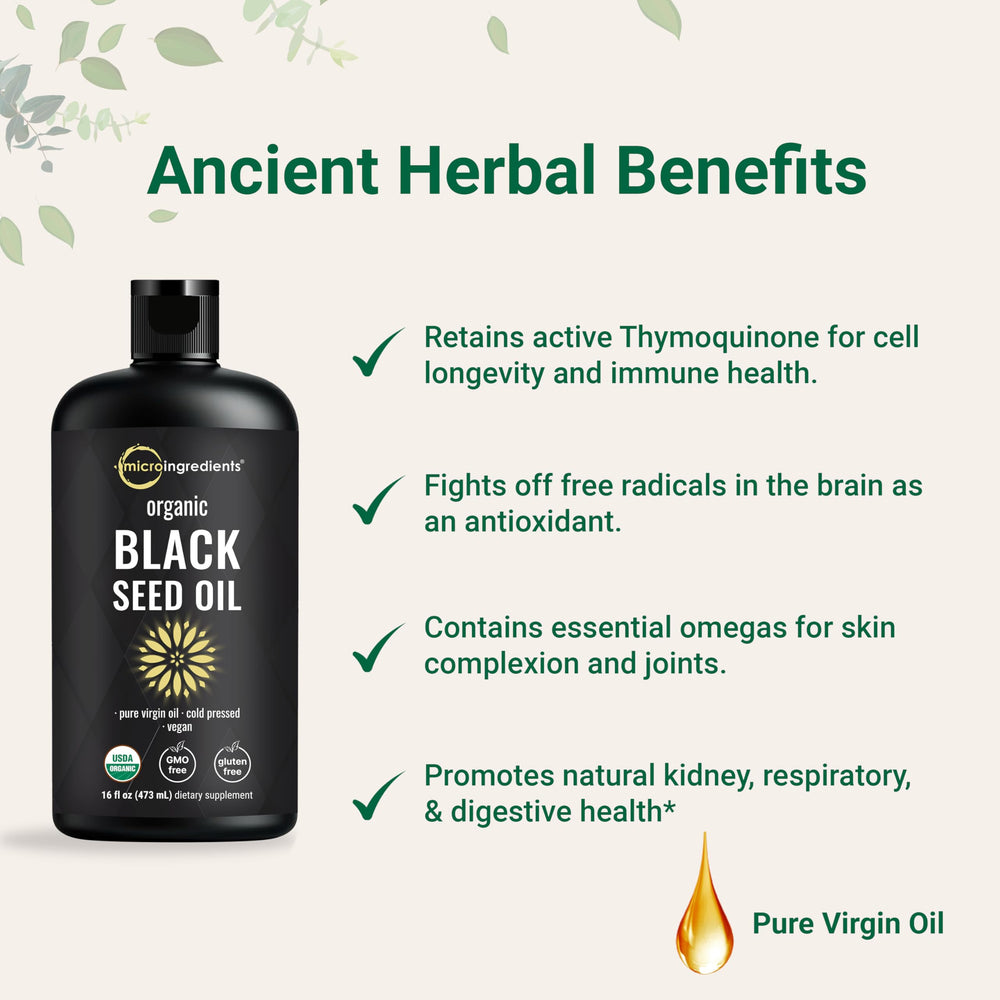 Label panel highlights thymoquinone and omega fatty acids for potential benefits.
