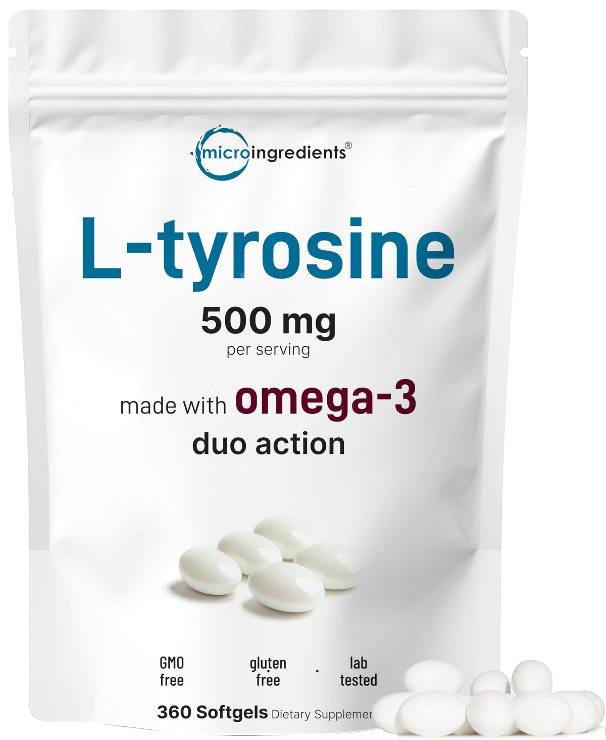 Micro Ingredients L-Tyrosine with Omega-3 softgels bottle supports daily brain and mood balance.