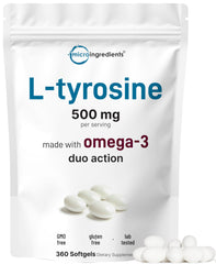 Micro Ingredients L-Tyrosine with Omega-3 softgels bottle supports daily brain and mood balance.