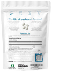 Micro Ingredients L-Tyrosine omega-3 softgels label highlights ingredients and mental support benefits.