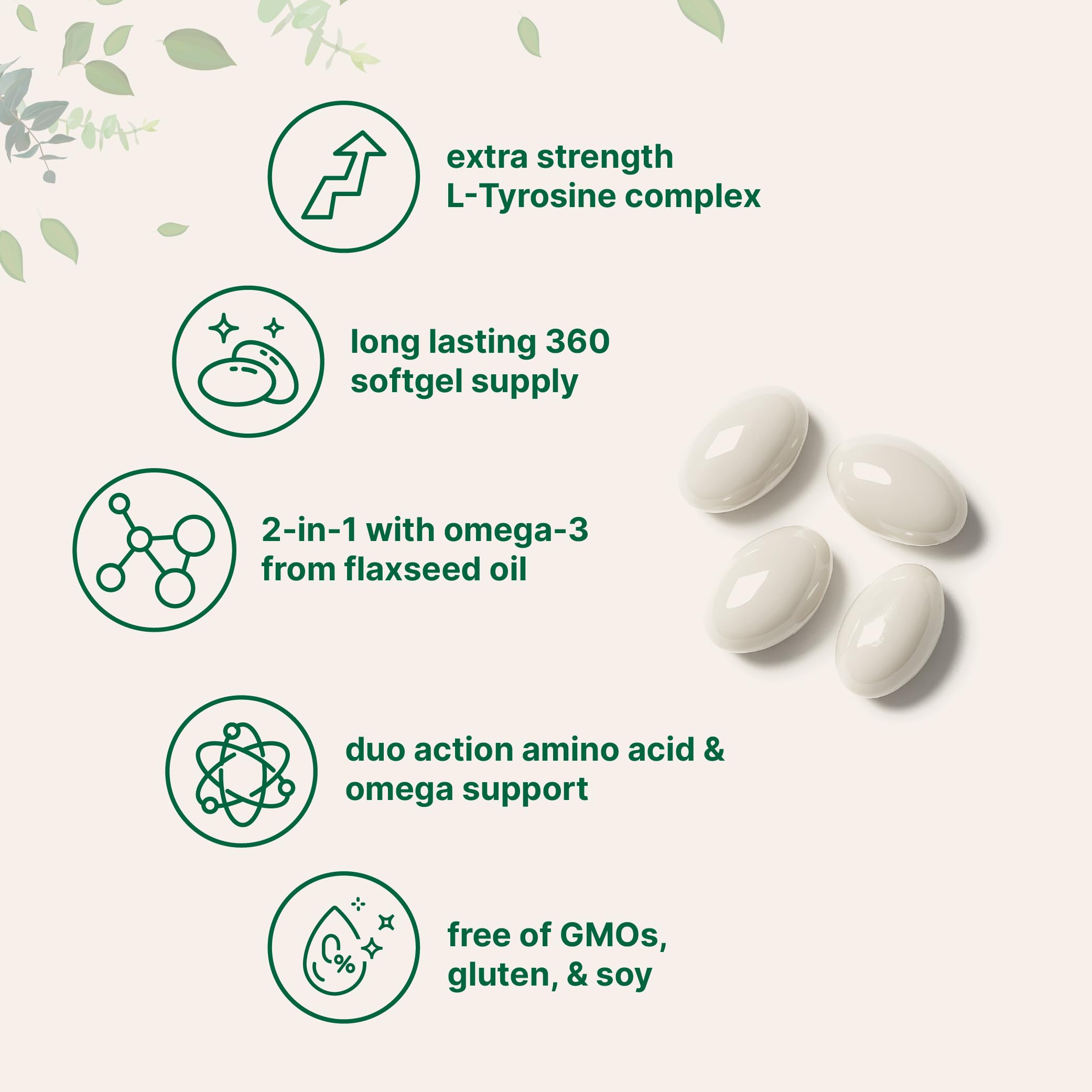 Micro Ingredients tyrosine omega-3 softgels pour for easy daily dosage and focus.