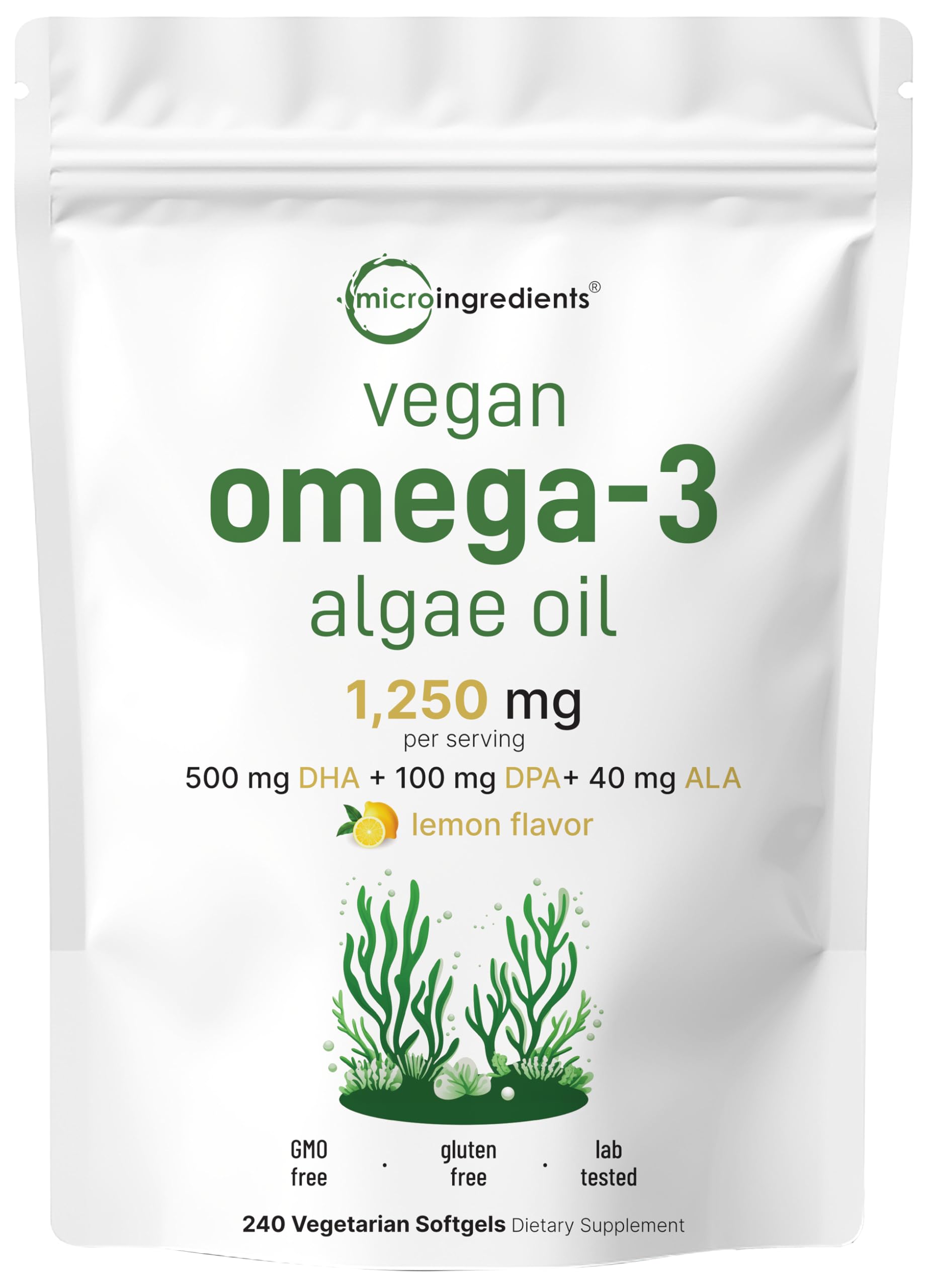 Micro Ingredients vegan omega-3 algae oil bottle shows a plant-based daily omega-3 source.