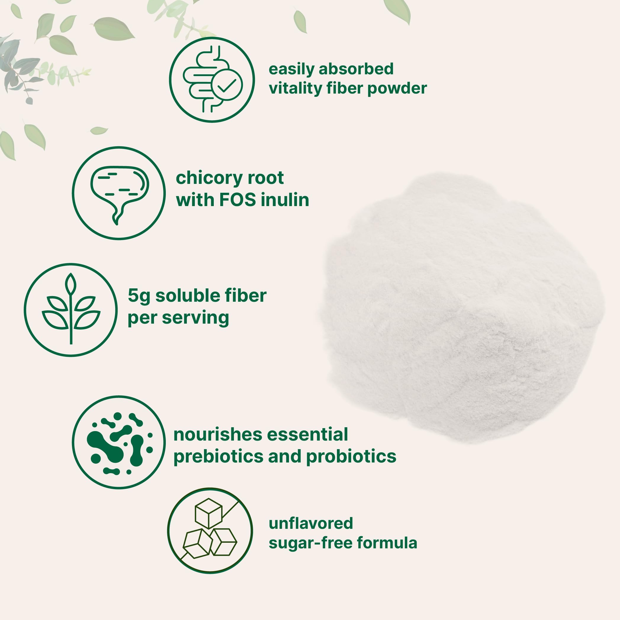 Unflavored Vitality Fiber powder easily pours into beverages or recipes