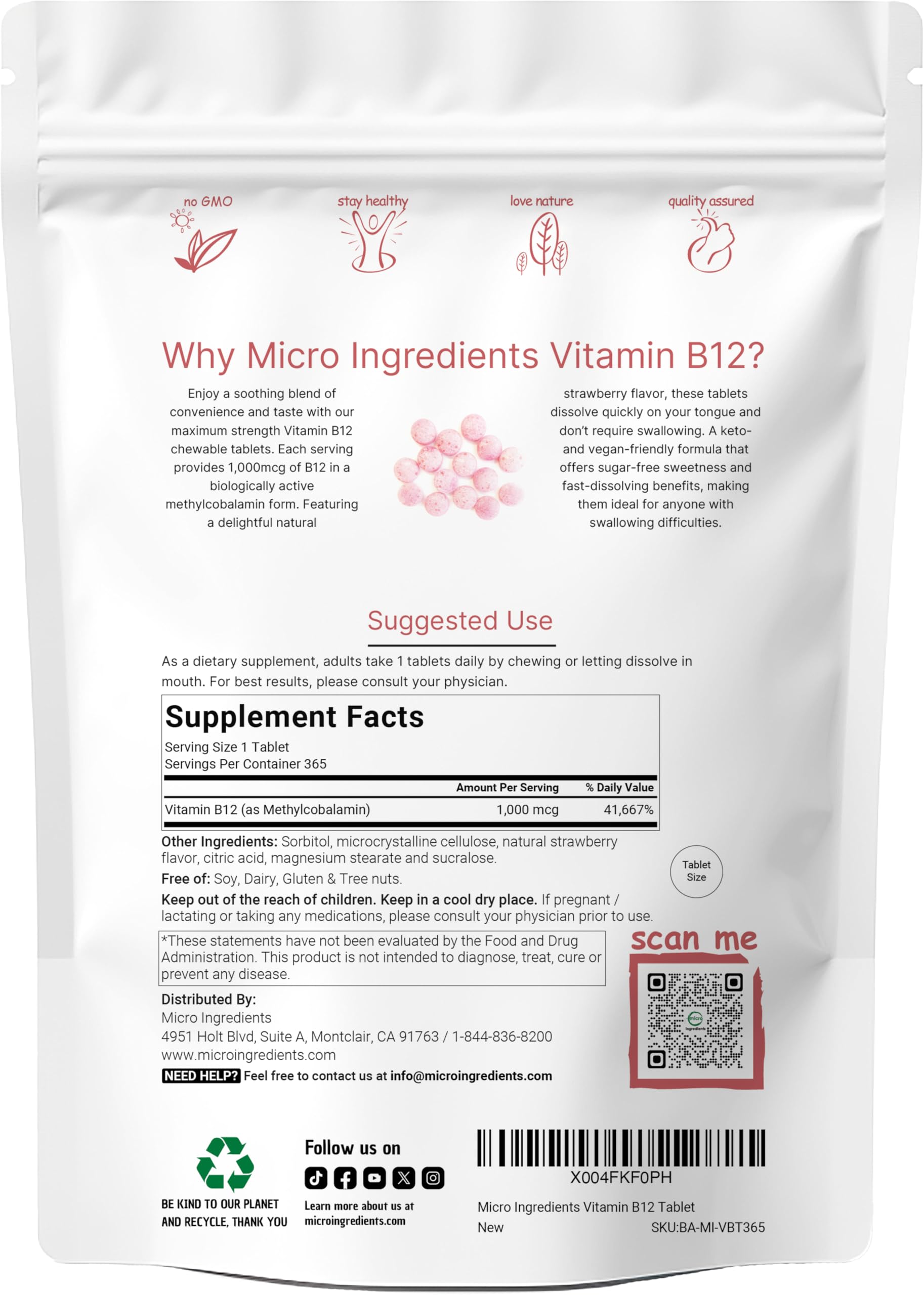 Micro Ingredients Vitamin B12 label shows vegan, non-GMO chewables for daily use