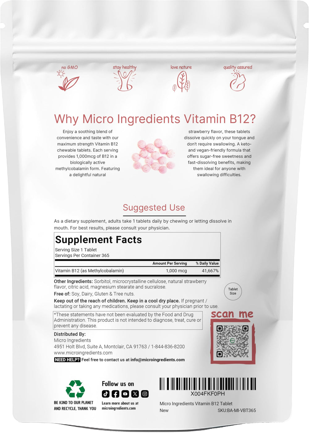 Micro Ingredients Vitamin B12 label shows vegan, non-GMO chewables for daily use