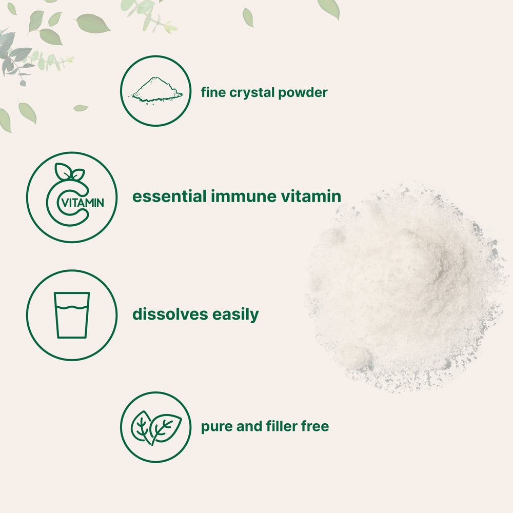 Micro Ingredients Vitamin C powder package on desk, gluten-free and non-GMO; quality assured.