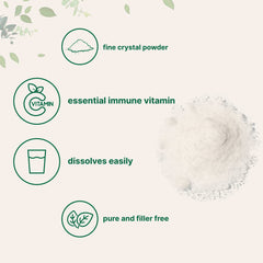 Micro Ingredients Vitamin C powder package on desk, gluten-free and non-GMO; quality assured.
