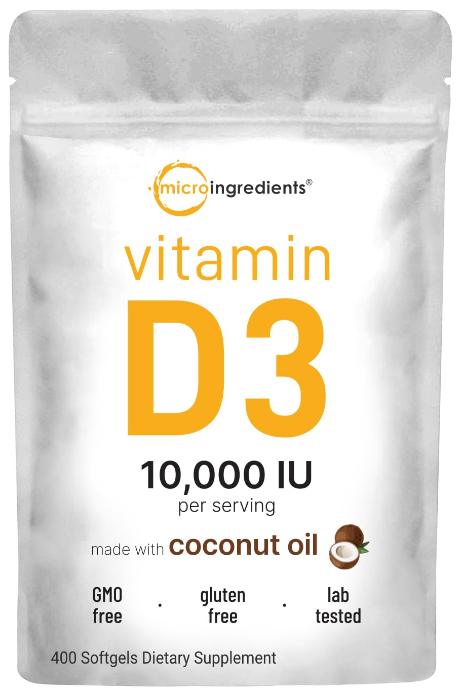 Micro Ingredients Vitamin D3 bottle with 400 softgels for daily bone support.