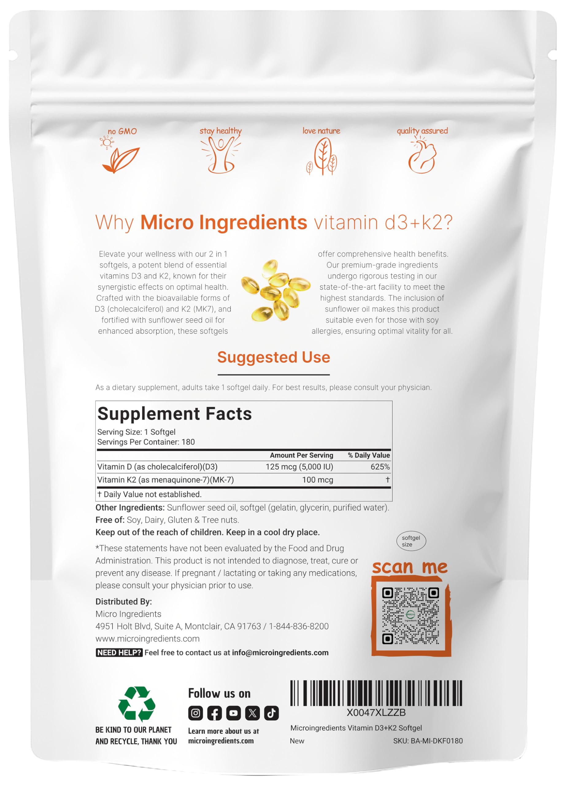 Micro Ingredients Vitamin D3 + K2 bottle back label with ingredients and warnings