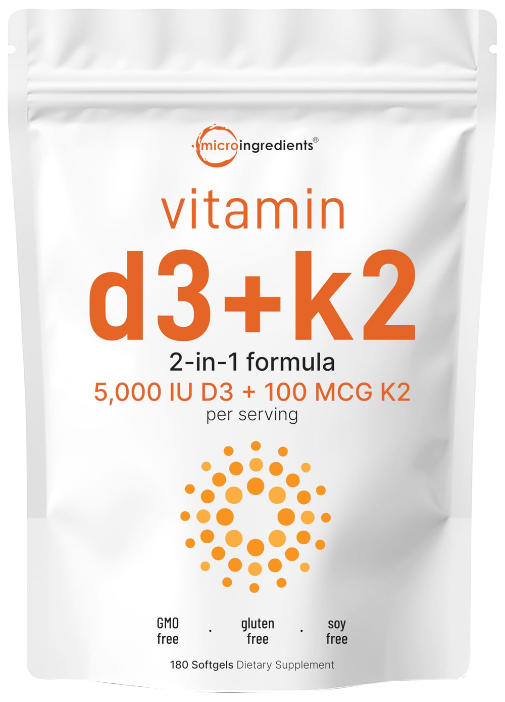 Micro Ingredients Vitamin D3 + K2 bottle front view showing 180 softgels for daily use