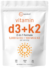 Micro Ingredients Vitamin D3 + K2 bottle front view showing 180 softgels for daily use