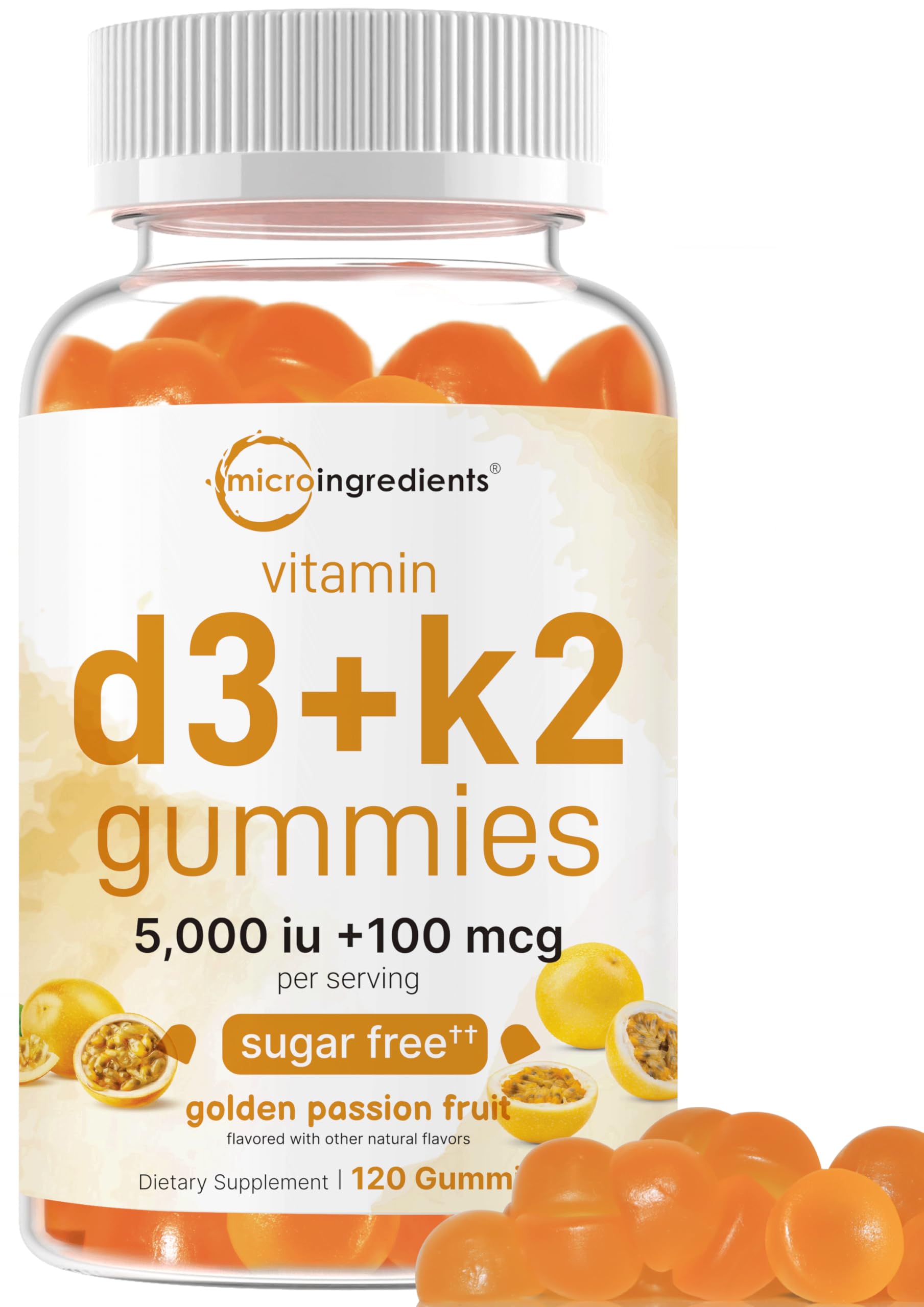 Micro Ingredients Vitamin D3 K2 Gummies bottle shows sugar-free golden passion fruit chews