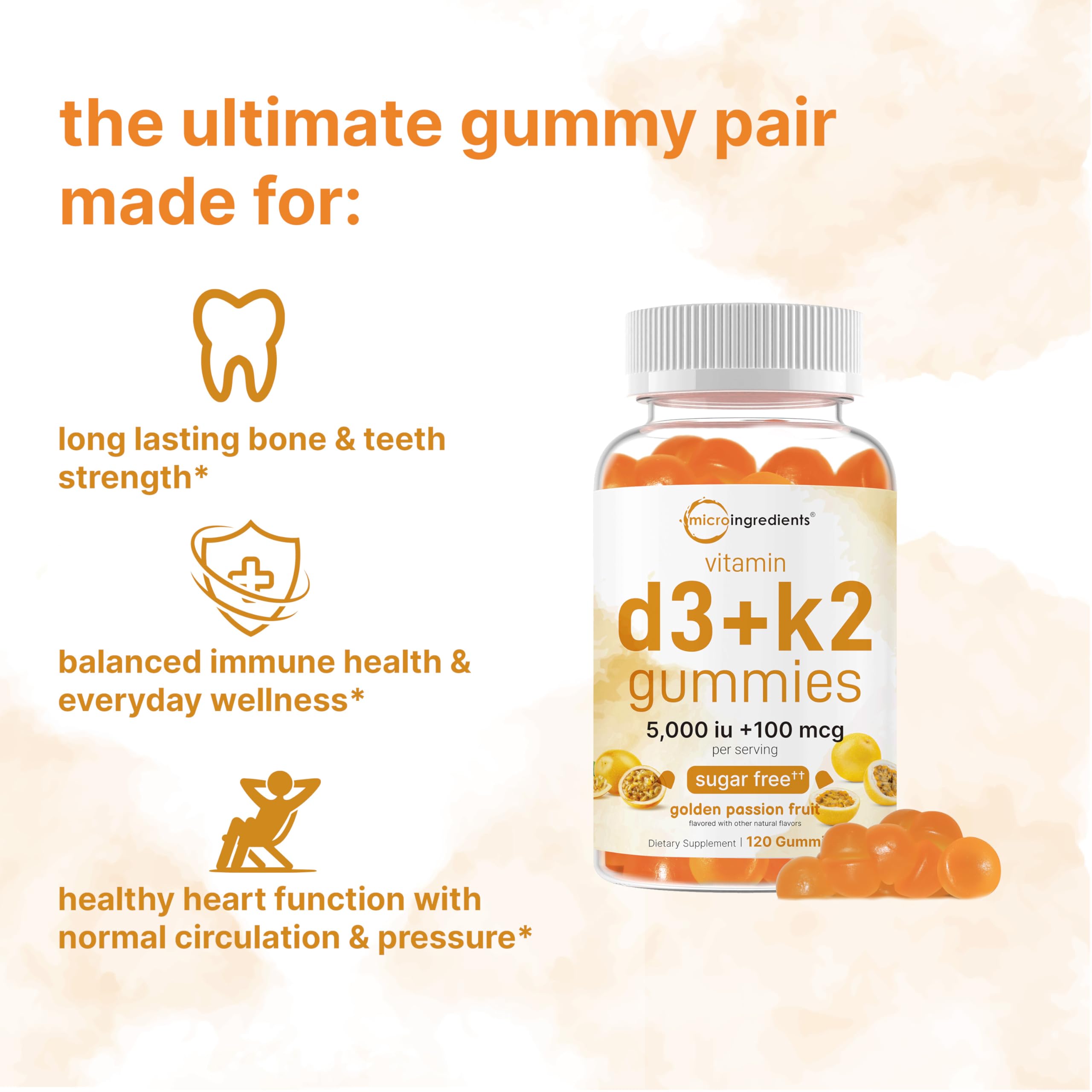 Micro Ingredients Vitamin D3 K2 Gummies golden passion fruit flavor close-up