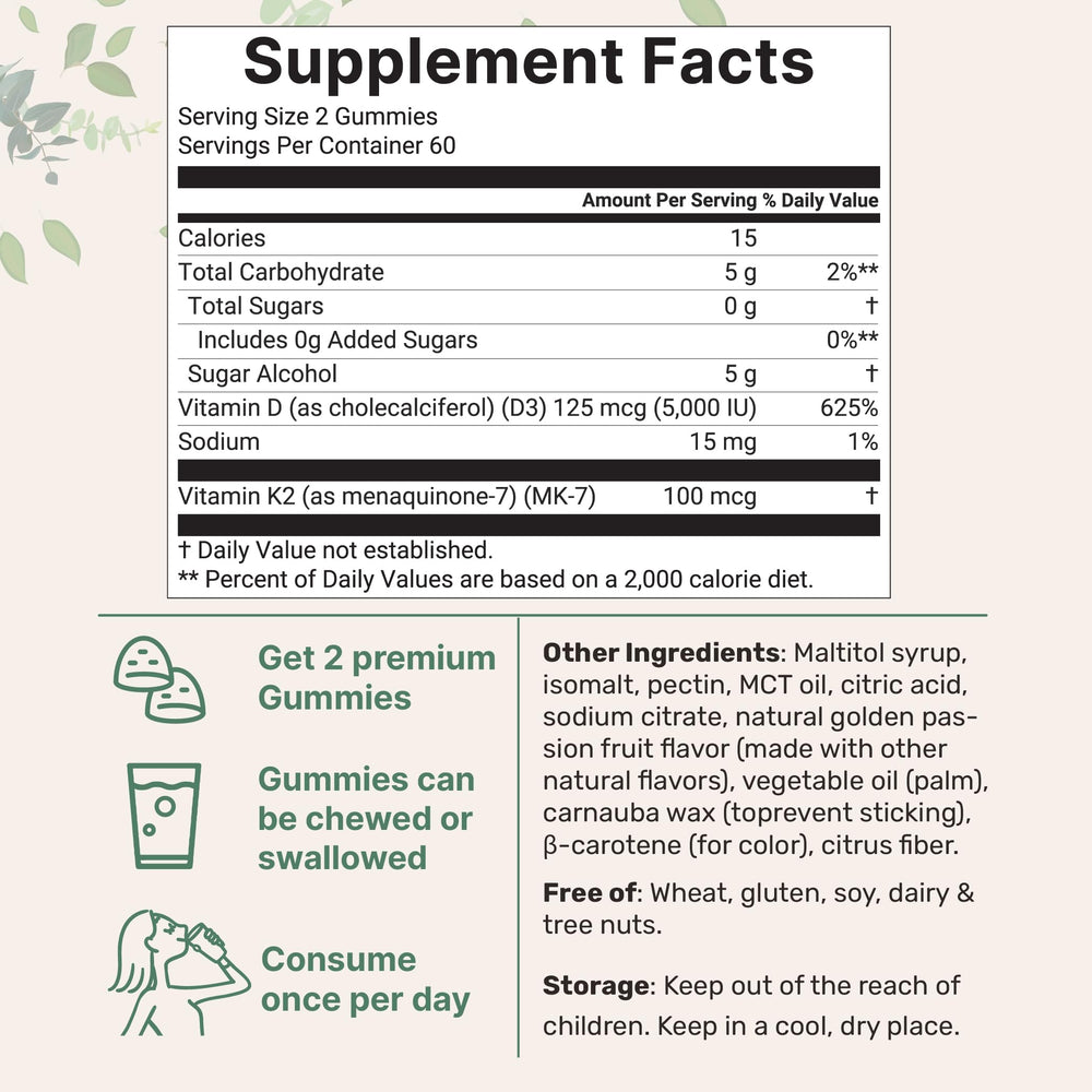 Micro Ingredients Vitamin D3 K2 Gummies ingredient panel shows non-GMO and gluten-free formula